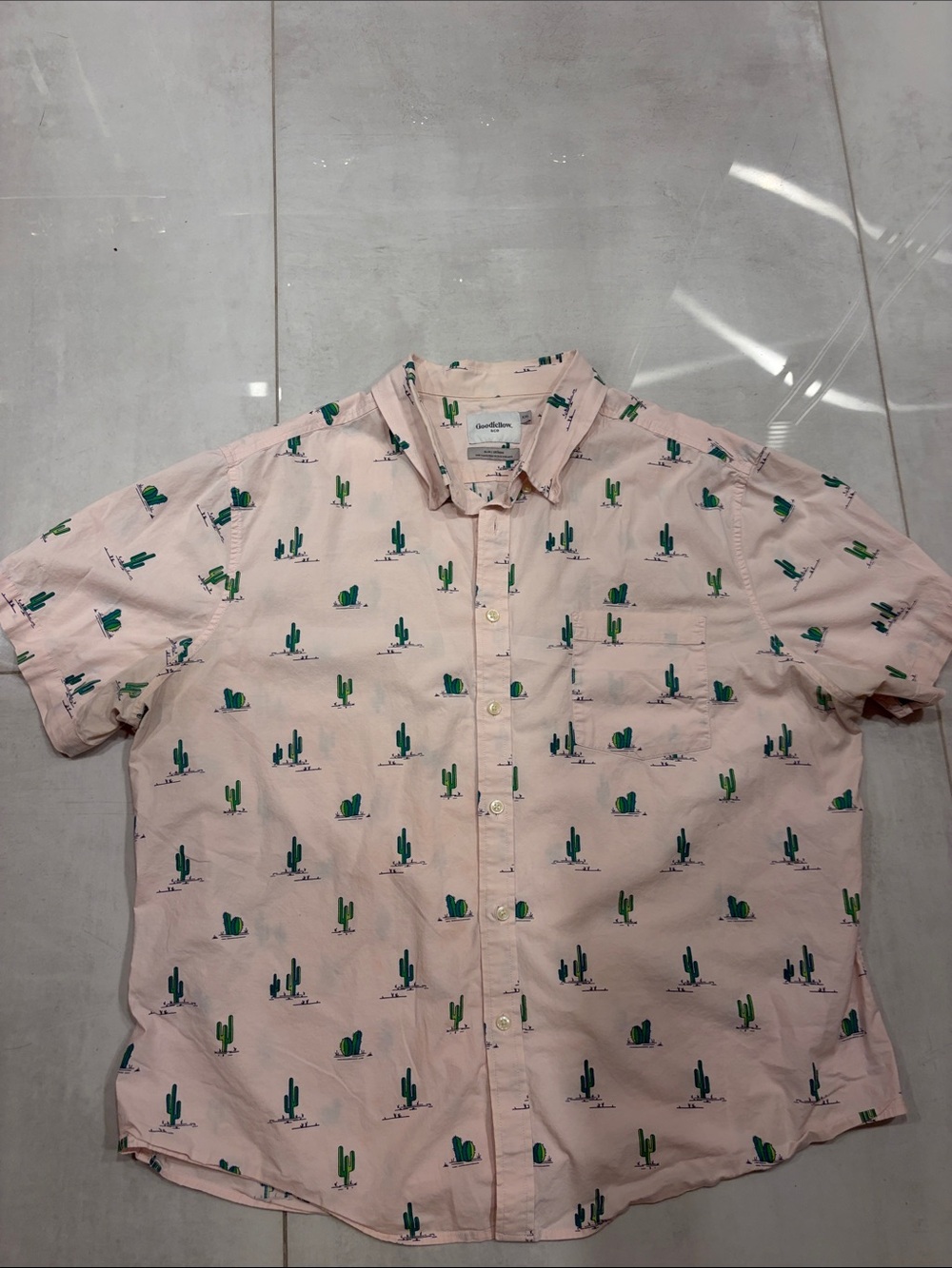 Goodfellow & Co Pink Short-Sleeve Button-Down Shirt with Green Cactus Print